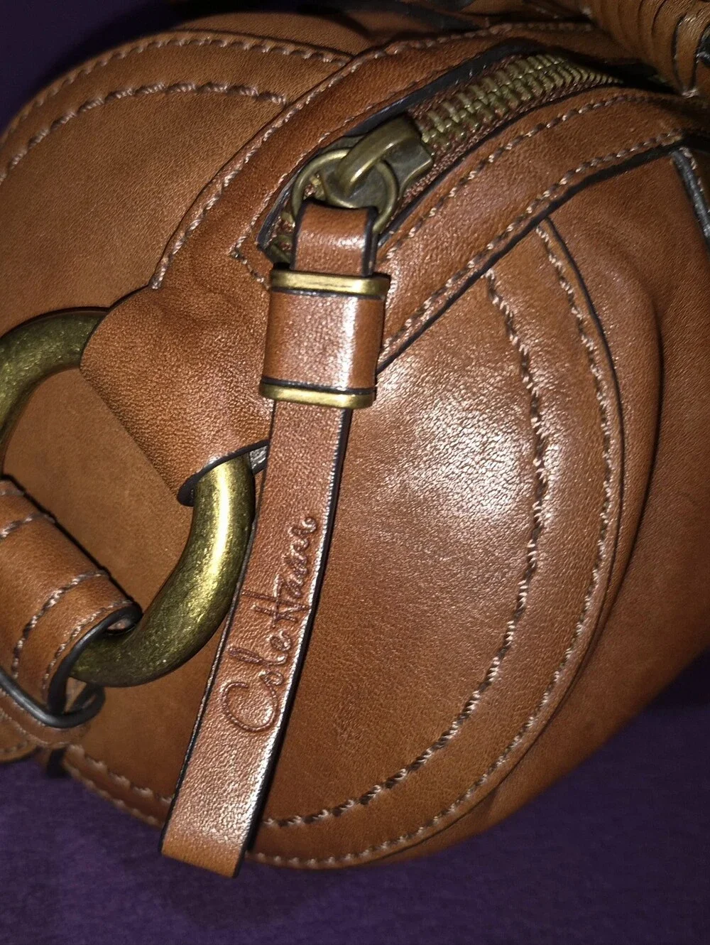 🔥Mint! Cole Haan Cognac Premium Leather Barrel Bag Braided Straps Brass Rings